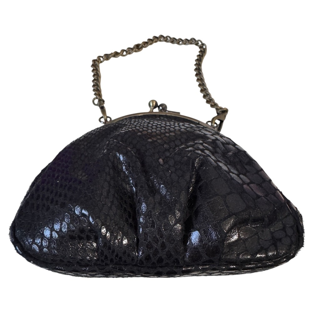 MAGGIB Vintage Black‎ Snakeskin Leather Kiss Lock Chain Handle Purse Bag